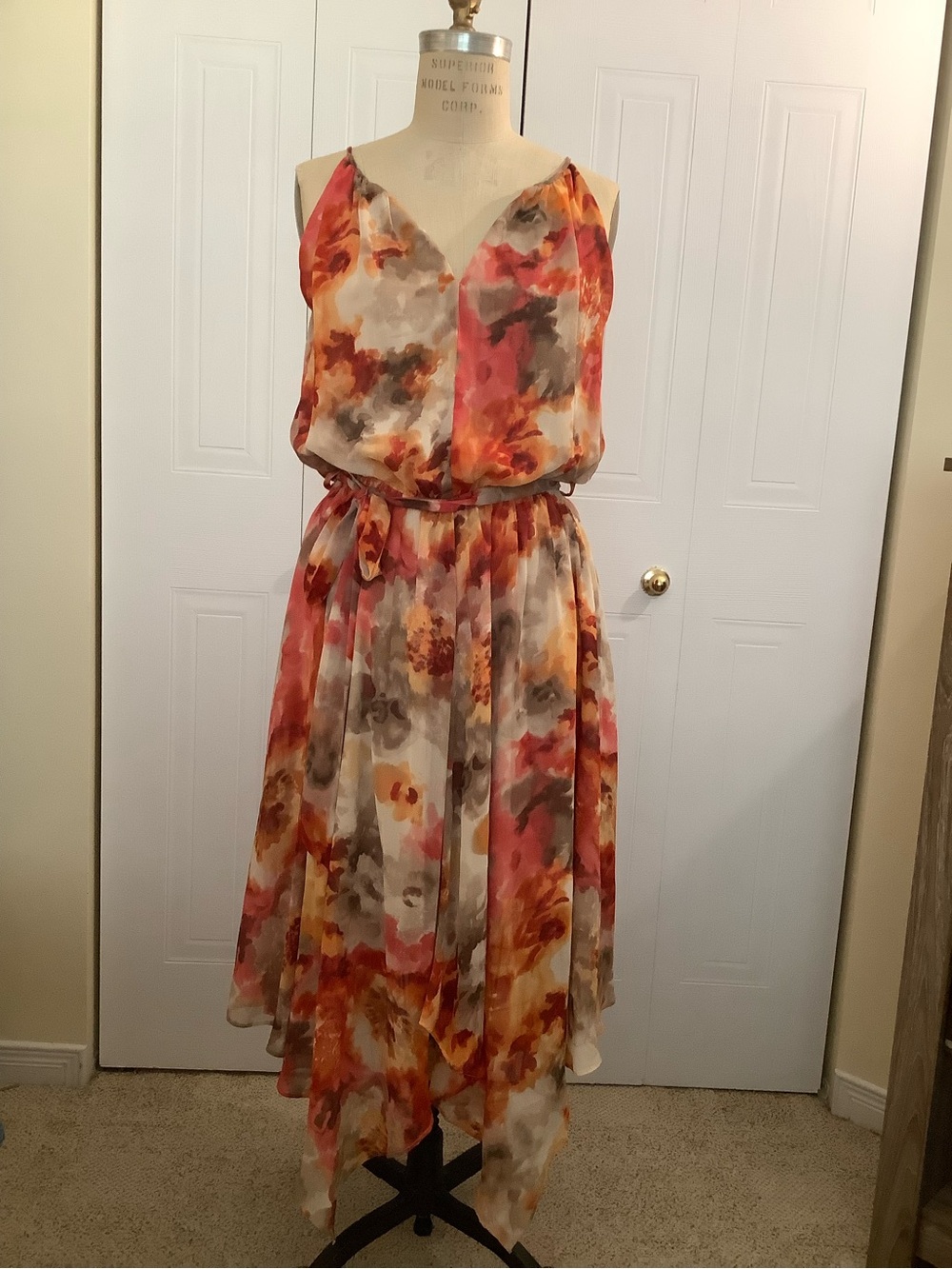 Sleeveless Asymmetrical Midi Dress in Coral Floral Watercolor